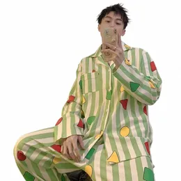 2024 mais recente pijamas primavera outono homens pijamas geométrico impresso casa wear coreano carto nightdr lapela breasted sleepwear c3og #