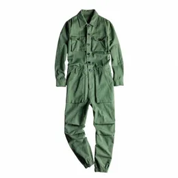 men's Jumpsuit Lg Sleeve Lapel Beam Feet Cott Overalls Hip Hop Streetwear Loose Cargo Pants Green Black Freight Trousers t3ql#