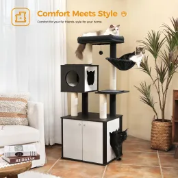 Scratchers New Cat Furniture Cat Tree Tower multifuncional de gato Móveis de madeira de alto grade com banheiro de banheiro de gato Condomínio da caixa de areia