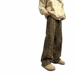 leopardo impressão denim design sentido americano hiphop calças de rua Vibe marca na moda versátil perna reta micro queimado N4t1 #