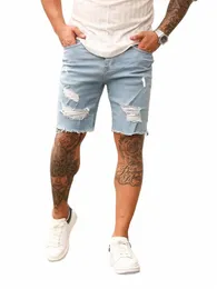 Summer Raped Shorts Dżinsy Mężczyźni Hip-Hop Denim Spodnie rozciągnij jasnoniebieski design slim prostoe samce krótkie dżinsy hombre 24qo#