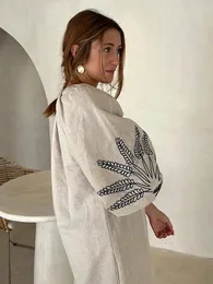 Casual klänningar mode linne tryckt kvinnors slits maxi klänning lös v hals långa manschett ärmar vestidos 2024 Spring Lady Vacation Chic Robe