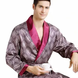 men Silk lg-sleeved Bathrobe Big Size 5XL kimo Home Bath Gown Male Printed Geometric Robes V-neck Satin Sleepwear Nightgown E0Lg#