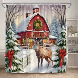 Curtains Winter Christmas Shower Curtain Forest Farmhouse Elk Cedar Snowy Scene Xmas New Year Wall Hanging Bathroom Decor Cloth Curtains