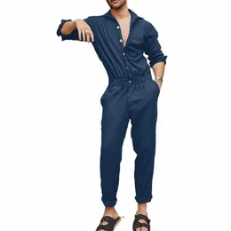 men's Overalls Jumpsuit Solid Color 2023 Spring Fi Pocket Turn-Down Collar Lg Sleeve Playsuits Cargo Casual Street Wear B6uR#