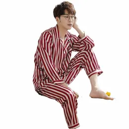 spring Silk Men Pajamas Set Striped Homewear Lg Sleeve Turn-down Collar Casual Soft Loose Male Sleepwear C5da#