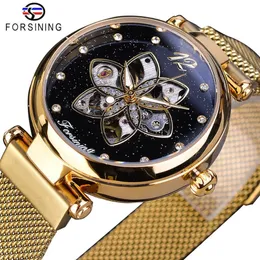 ForSining New Ankomst Mehanical Womens Watch Top Brand Luxury Diamond Gold Mesh Waterproof Female Clock Fashion Ladies Watches270v