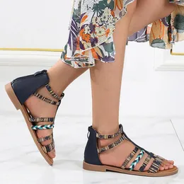 Sandálias Senhoras Verão Fashional Bohemia Étnica Costura Colorida Estilo Romano Open Toe Zipper Mulheres Flat Fancy Beach Shoes