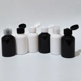 収納ボトル50pcs/lot 50mlブラックホワイトラウンド補充可能なペットプラスチッククリームボトルPPフリップトップキャップトラベルリキッドソープシャワージェル