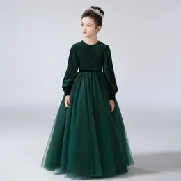 Dideyttawl Flower Girls Dress For Party Long Sleeves Formal Pageant Gown Vintage Velvet Sleeve ONeck Junior Bridesmaid 240318