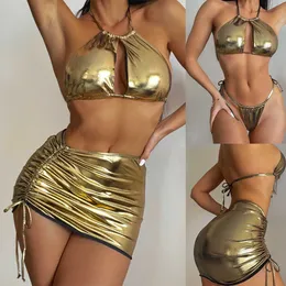 Baddräkt 2023 Bikini Gold Strap Hot Stamped Three Piece Swimsuit Set