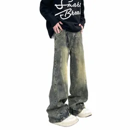 Vintage queimado jeans homens perna larga calças largas outono novo streetwear fi disred original rua y2k denim calças inverno 82l6 #