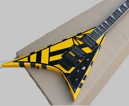 6-string yellow V electric guitar with tremolo stick, Humbuckers pickup, rosewood Fretboard, customizable