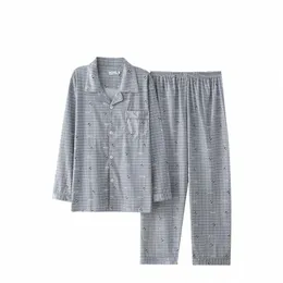Männer Plaid Pyjama Sets Freizeit Einfache Nachtwäsche Lg Sleeve Cott Top Hose Outwear Weiche Herbst Winter Plus Größe Loungewear k1dg #