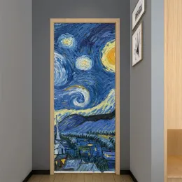 Klistermärken van Gogh Starry Night Door Sticker Vintage Oil Målning Självhäftande tapeter veranda vardagsrum Art Mural Interior Dörrar