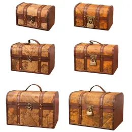 Bins Retro Elegante Sperrholz -Leder -Piraten -Schmuckschachtel mit Schloss Vintage Treasure Chests for Organizer Home Dekoration