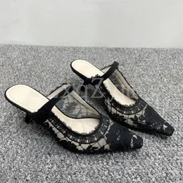 Slippers Elegant Summer 758 Woman Hollow Pointed-toe Kitten Heels Air Mesh Morden Embroider Sandals Shoes for Women 5