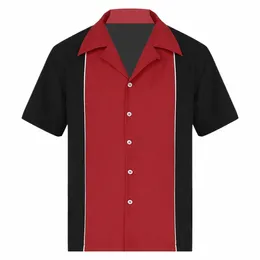 Herren Bowlinghemden Retro Kurzarm Butt Down Casual 50er Jahre T-Shirt Farbblock Gestreiftes gekerbtes Kragenhemd Z4Cg #