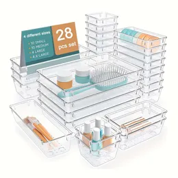 6/13/28pcs Clear Plastic Set, Desk Drawer Divider Organizers, Storage Bins for Makeup, Jewelry and Sundries, Home Accessories, Makeup Organizer