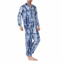 Blauer Krawatten-Pyjama-Set, künstlerischer Vintage-Druck, niedliche Nachtwäsche für Männer, LG-Ärmel, ästhetischer Schlaf, 2-teilige Nachtwäsche in Übergröße