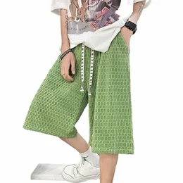 2023 Summer Men's Green Waffle Shorts Korean Fi High Street Y2K Short Pants Casual Gym Hip Hop Beach Bermudas Hombre X8aw#