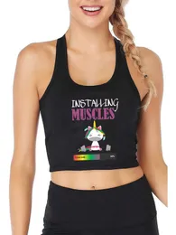 Women's Tanks Camis Install muscles please wait for the design of the crop top cute unicorn grabbing barbell shape sexy tank top gym fitness vest 24326