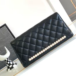 Hochwertige 10A Designer-Damen-Clutch-Taschen aus echtem Leder, 30 cm große, mit Perlen verzierte Klappe