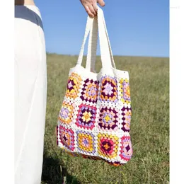 Kvällspåsar Granny Square virkning vävd afghansk axel färgglada kontrollerade boho handväskor kvinnor vintage handgjorda stickade söta handväska