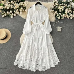 2024 Model Model Basic Casual Dresses Runway Fashion Lace Women Wappel Long Sleeve Ramitine Abito da sera a cintura sciolta