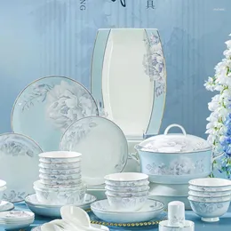 Conjuntos de louça tigela e prato conjunto combinação talheres luxo placa housewarming presente jingdezhen osso china