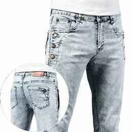 тонкие узкие джинсы мужские новые эластичные корейские дизайны Fi Multi-Butt синий белый винтаж W Cott стрейч джинсовые брюки брюки w4Ab #