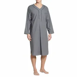 Autumn Clothing Men's LG Sleeve V-halspyjamas Casual Homewear Loose Solid Color Premium Cott Pyjamas Nightgown New Q2YX#