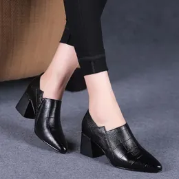 Higheeled Shoes 2024 Allmatch Thickheeled Painted Leathered Midheeled Black Professional 240312