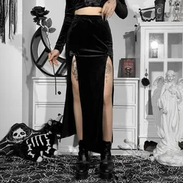 Kjolar vintage svart sammet delad estetisk sexig hög midja båge bodycon lång kjol elegant e tjej punk partykläder jy21507