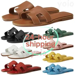 مصمم شحن مجاني Oran Sandals Womens Slippers Slippers Slies Black White Brown Leather Slide Slide Womens Sandal 24 ساعة شحن