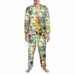 Tidningskollage Pyjama Set Autumn Vintage Estetic Trendy Leisure Sleepwear Men 2 Piece Eesthetic Overdized Graphic Nightwear N3J0#