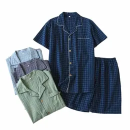 2024 New Men 's Summer Pajamas Short Sleeve Shorts Home Clothes 2 조각 소프트 코트 간단한 일본 격자 무늬 남자 라운지 잠자기 j3en#