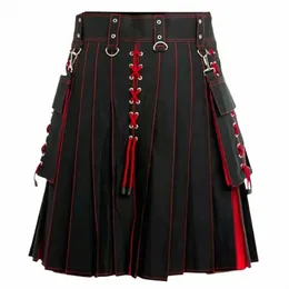 men Scottish Kilt Cosplay Scotland Retro Gothic Pleated Skirt Hip Hop Shorts Ses Pocket Knee Length Traditial Highland Kilt A5fH#