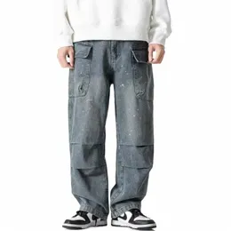 Męskie retro proste dżinsy luźne spl-kink śr. High Street Workowca swoboda unisex kieszonkowa pliska szerokopasmowa dżinsowe spodnie L51E#