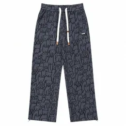 Pantaloni della tuta da uomo dipinti a mano cane stampato pantaloni dritti casuali Carto Retro American College Style pantaloni larghi coppia M6KA #