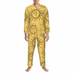 vintage Celestial Sun Pajama Sets Autumn Yellow Magic Mo Stars Soft Night Sleepwear 2 Pieces Casual Loose Oversized Nightwear t2cn#
