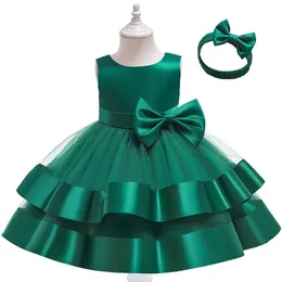 Satin Gaze Große Schleife Baby Mädchen Prinzessin Kleid Sommer Hochzeit Ball Weihnachten Geburtstag Party Kostüm Mädchen Kleider Geschenk Stirnband 240318