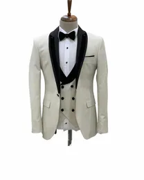 Dostosowane męskie zestawy kombinezonów z kości słoniowej unikalne design szal klapy blezer spodnie ślubne odzież 3pcs kurtki spodni kamizelki f9tn##