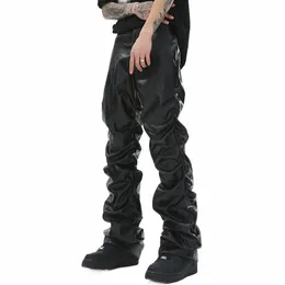 Хип-хоп Мужские плиссированные брюки из искусственной кожи Harajuku Ретро Уличная одежда Свободные повседневные брюки с рюшами Прямые однотонные черные брюки C23Z #