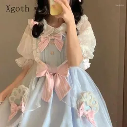 カジュアルドレスXGOTHプリンセスロリータドレスパフスリーブプリントかわいいAラインミニガールスウィートプレッピーパッチワークスカート女性服