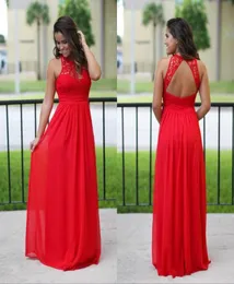 Moda kırmızı uzun kat şifon nedime elbiseler ucuz 2018 dantel mücevher boyun arkasız onur hizmetçisi elbise 5646487