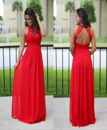 Moda rosso lungo pavimento in chiffon abiti da damigella d'onore economici 2018 pizzo gioiello collo backless vestito da damigella d'onore5646487