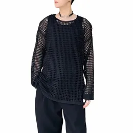 Lässige Pullover aushöhlen Outfits Fischnetz Smock Tops Männer FI Lose LG Sleeve See-Obwohl Strickhemden Y2K Sexy Löcher Hemd D6Gi #