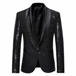 Lantejoulas pretas One Butt Shawl Collar Suit Jacket Men Nightclub Prom Blazer Jacket Glitter Mens Costume Stage Roupas para cantores 89Hq #
