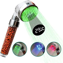 Duschhuvud med LED -ljus, handhållen duschhuvud, LED digital display temperatur 3 färger, filtrerad högt tryck, flödande drivna, 7 färger förändras cykliskt